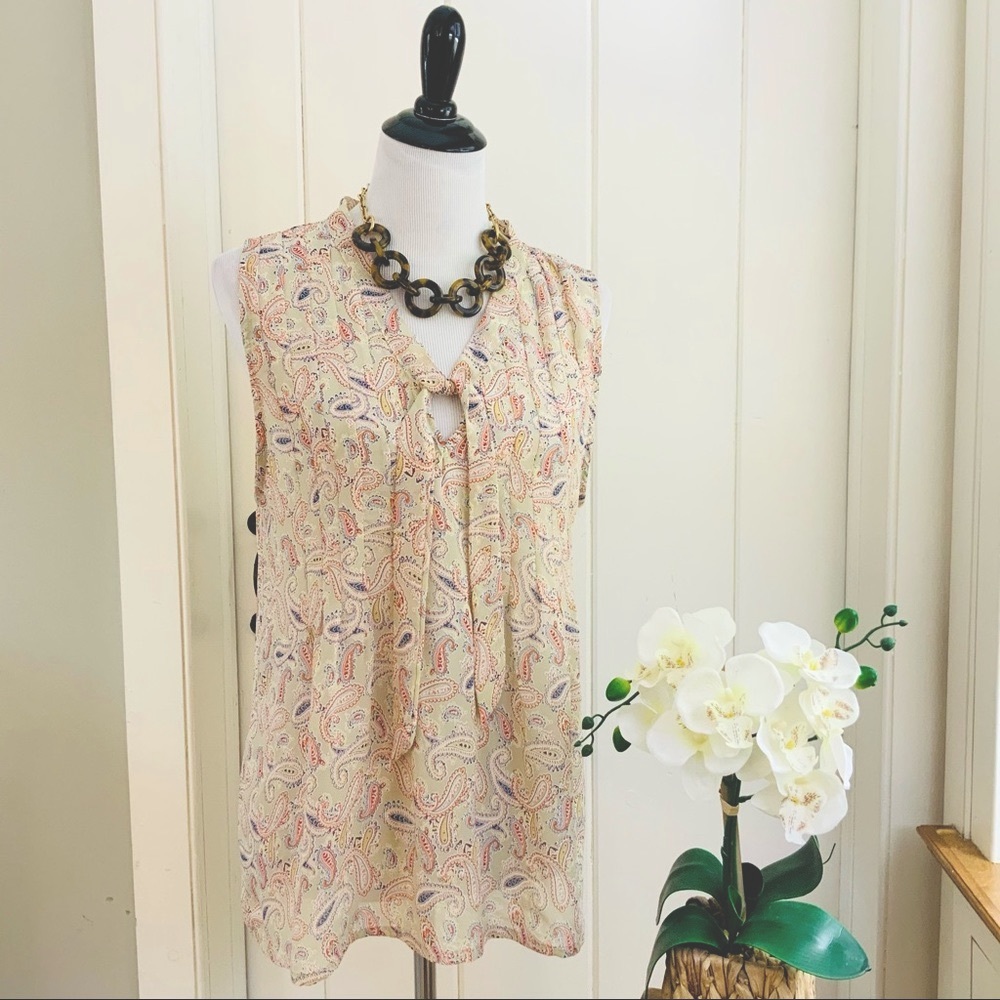 FENN WRIGHT MANSON Tan Navy Paisley Pleated Blouse